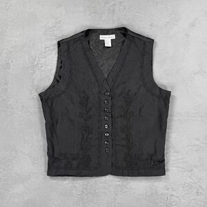 Vintage Stephanie Andrews Black Linen Embroidered Vest Women's XL